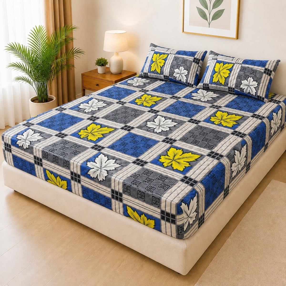 Mat Printed Quilted Ultrasonic 100% Waterproof Mattress Cover For Double Bed Fitted Mattress Protector Anti Sleep Bed Sheet With Pillow Cover (SH 701)